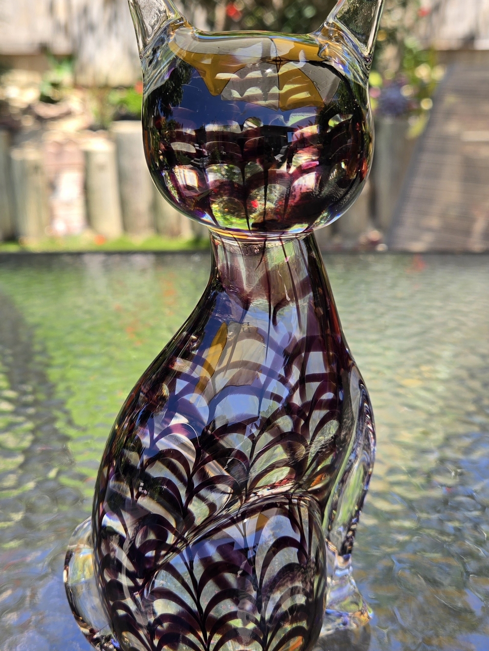 Hand Made MURANO  Glass Cat Figurine in Purple and BLACK STRIPES. SIGNED